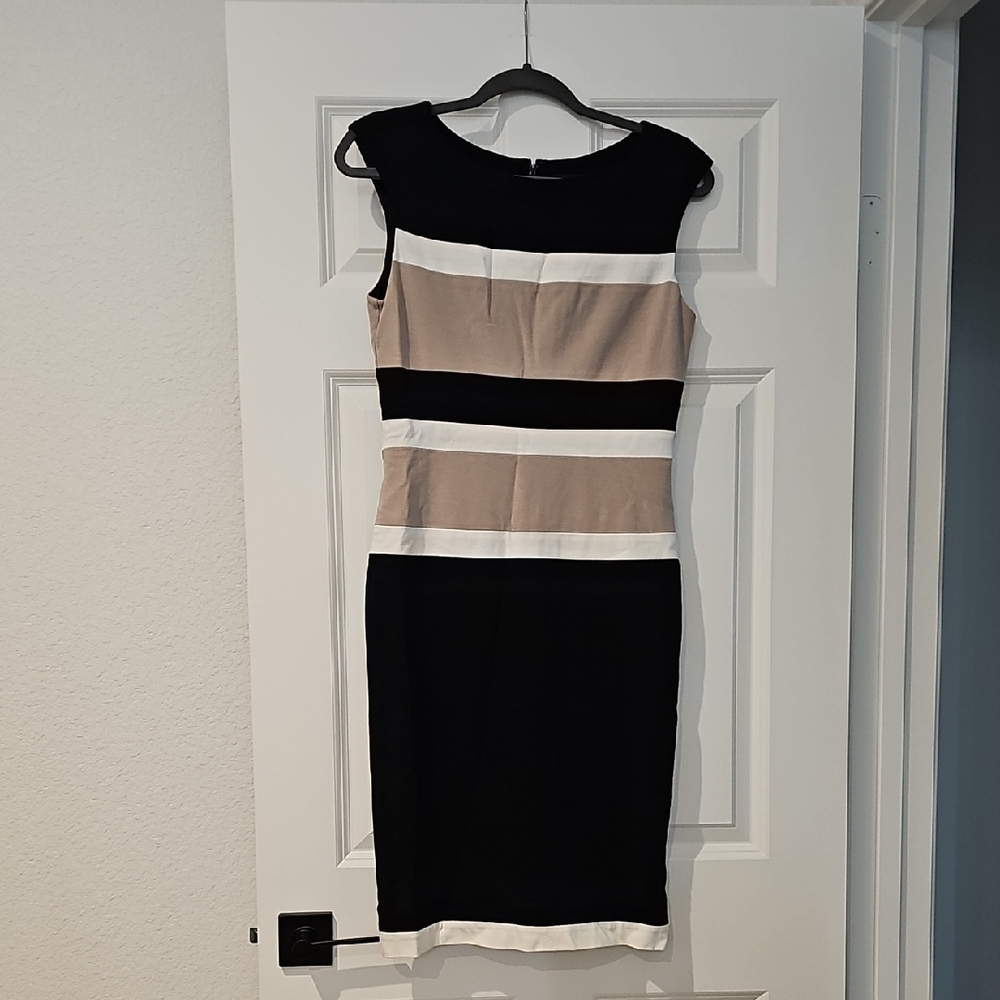 White House Black Market Black, Taupe & White Striped Midi Dress